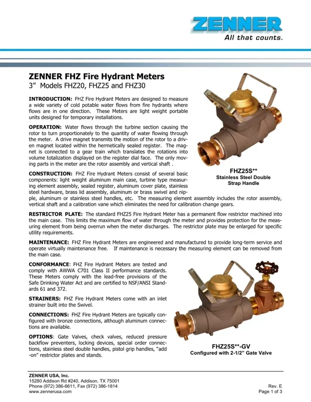 FHZ ZENNER 3" Fire Hydrant Meters